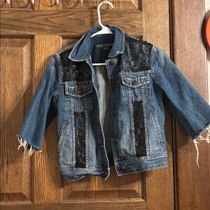 Lauren jeans co Jean jacket with black floral lace patterns Size petite